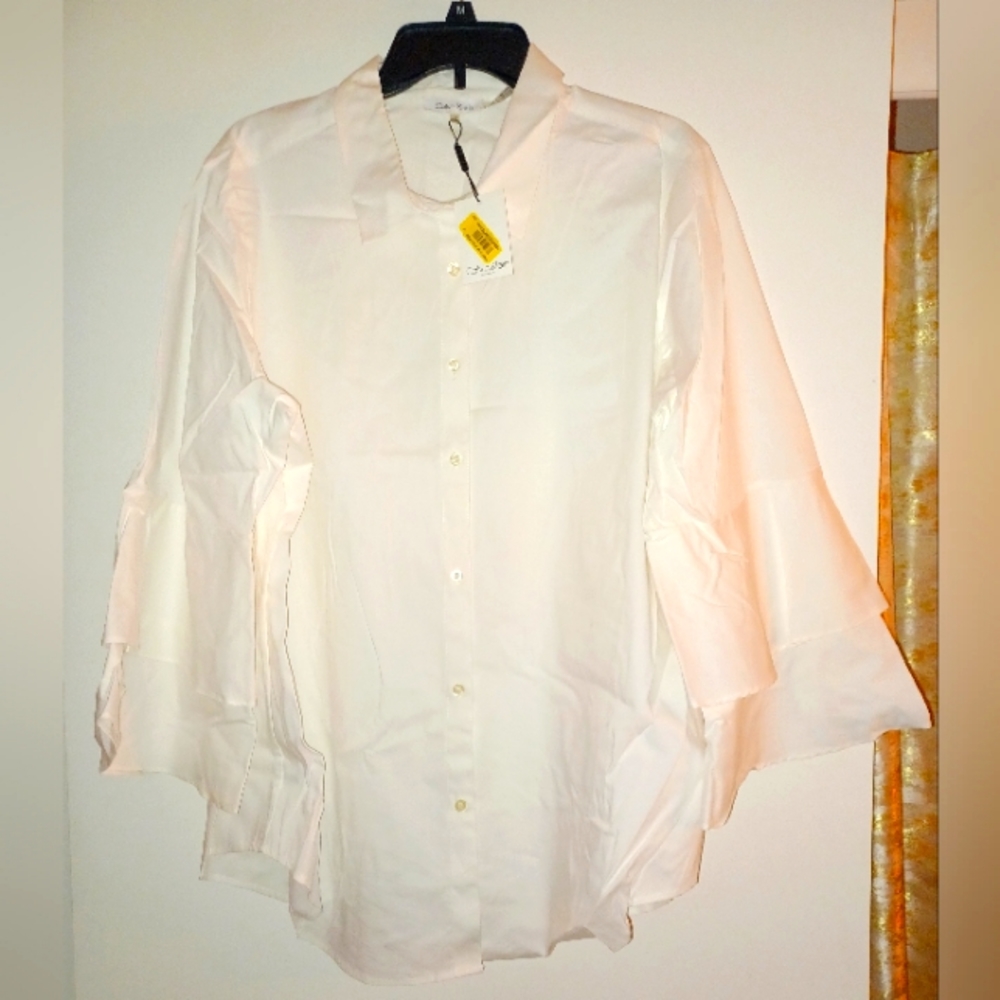 Calvin Klein White Button Down with Ruffled Sleeves.  Size 1X